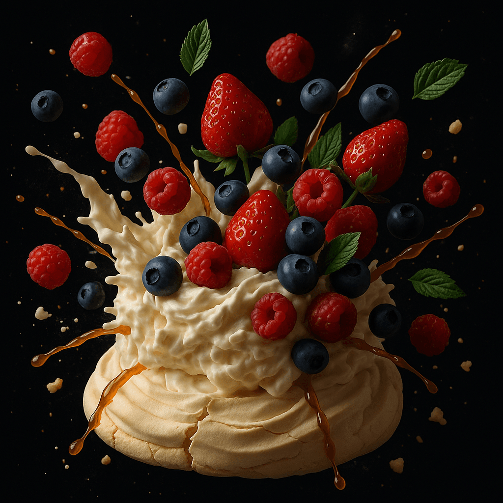 Product shot: berries bursting over a meringue