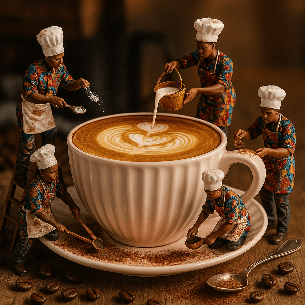 Ad creative: miniature chefs making latte art in a giant cup