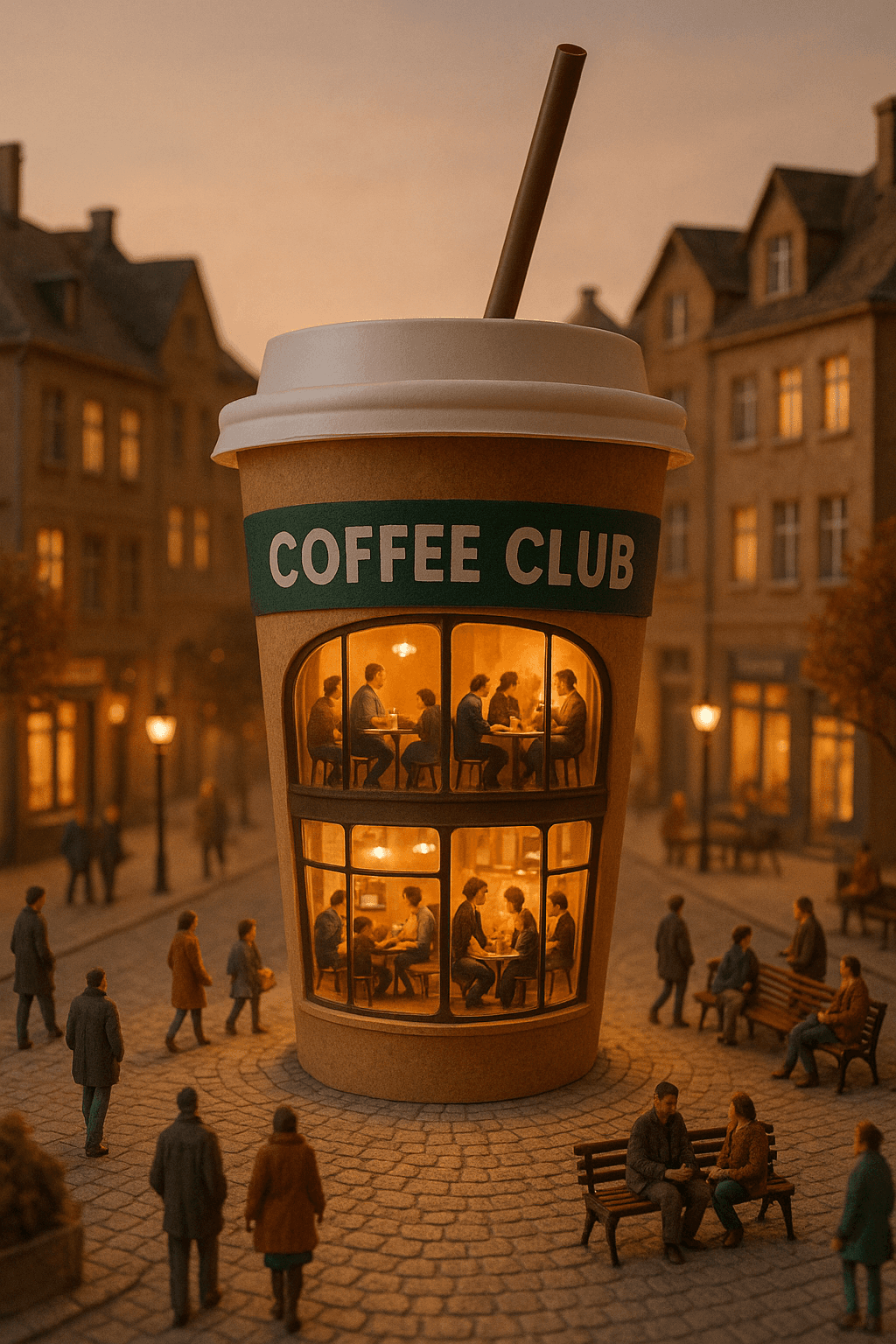 Ad creative: a coffee cup the size of a café on a cobbled square