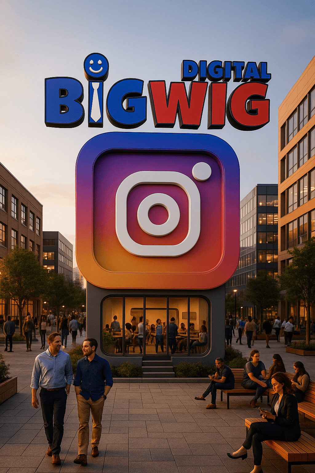 Ad creative: a building shaped like the Instagram logo
