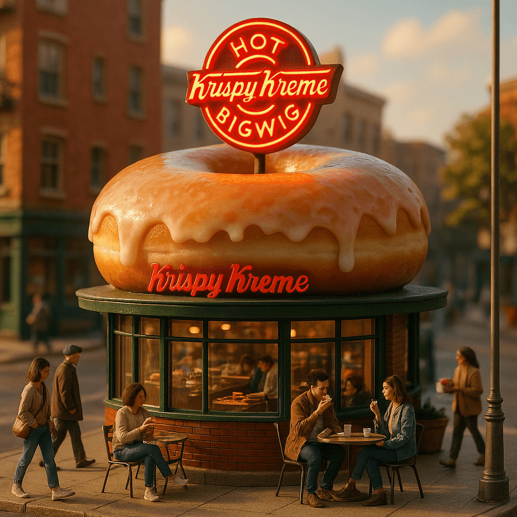 Ad creative: a giant glazed doughnut kiosk on a city street