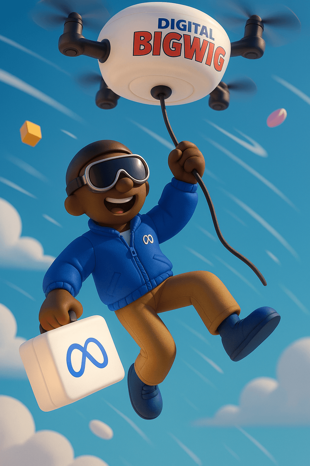 Ad creative: a character flying with a drone